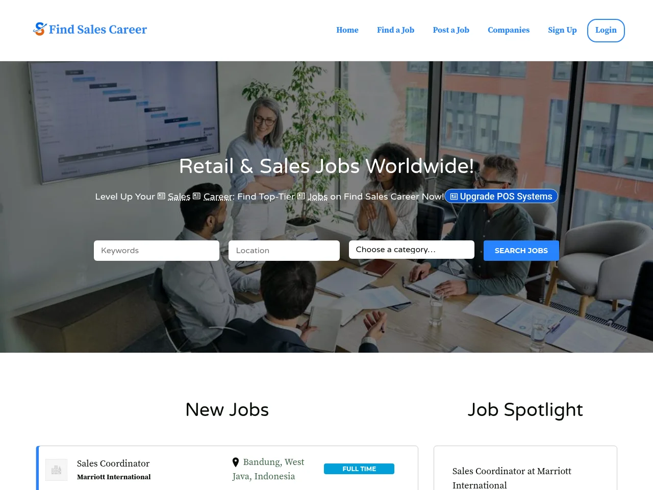 Find Sales Career job board platform screenshot showing job search interface
