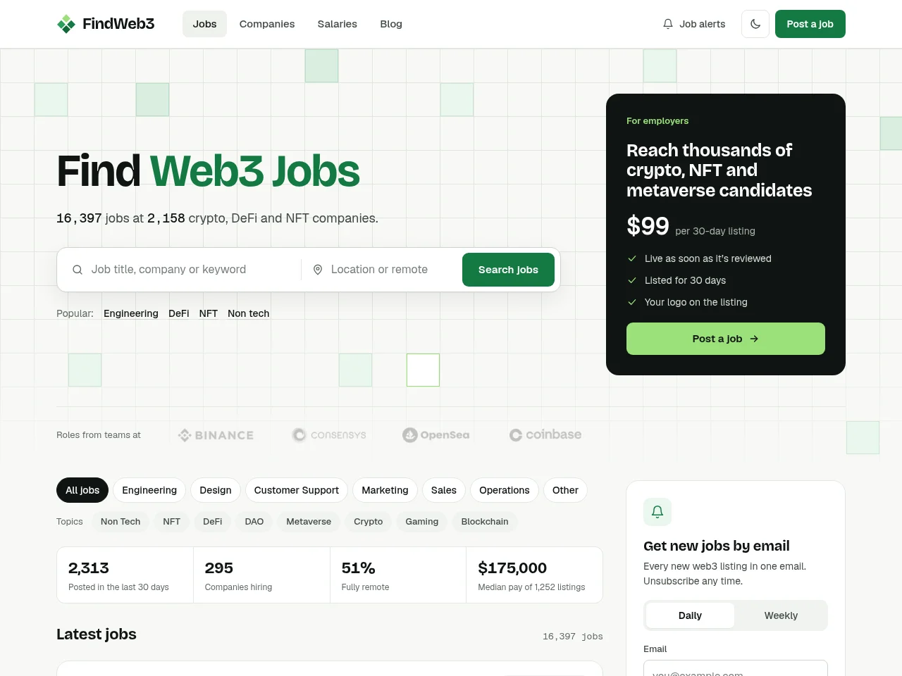 Find Web3 job board platform screenshot showing job search interface