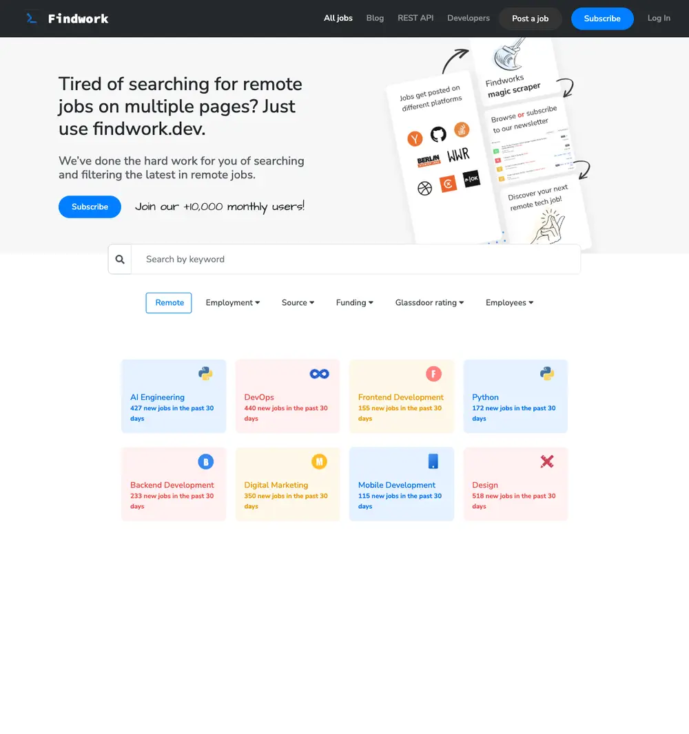 Findwork.dev job board platform screenshot showing job search interface