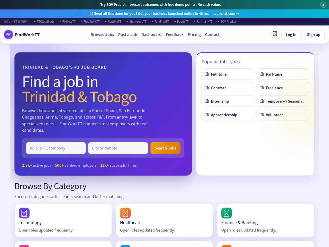 FindWorkTT job board platform screenshot showing job search interface