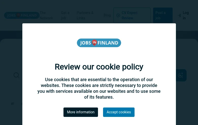 Jobs in Finland job board platform screenshot showing job search interface