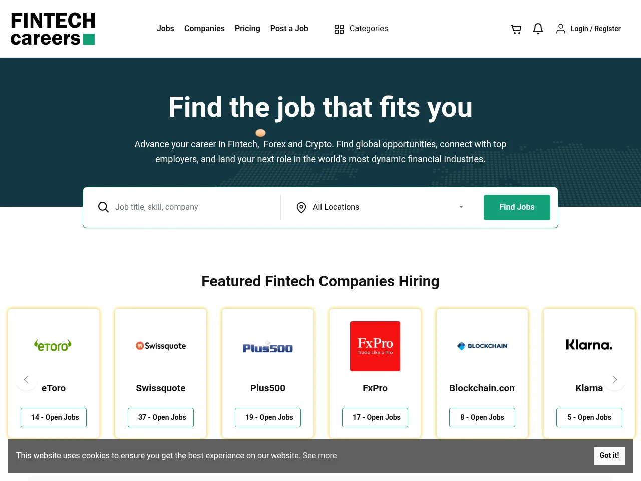 Fintech Careers screenshot Fintech Careers job board platform screenshot showing job search interface