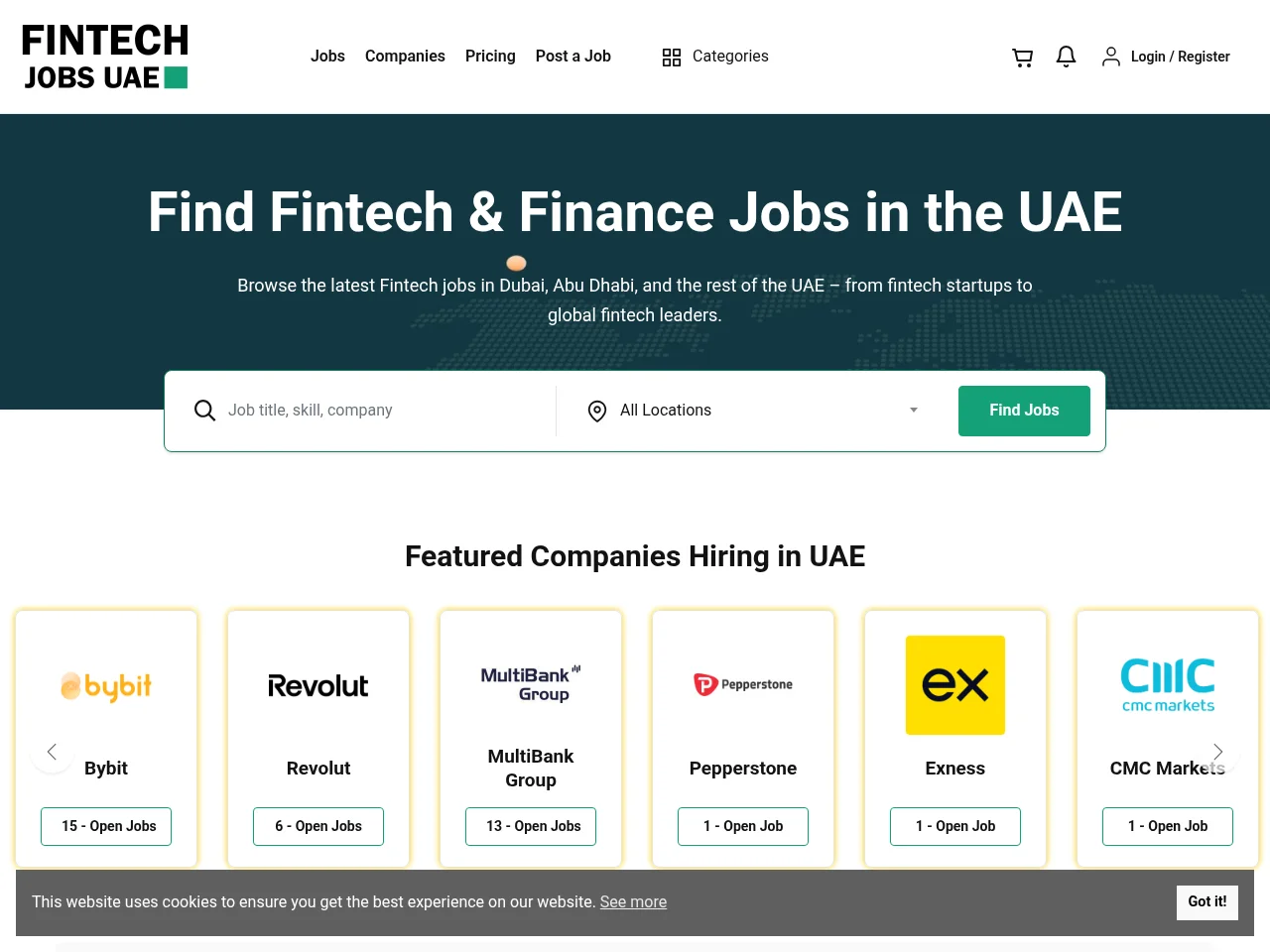Fintech Jobs UAE screenshot Fintech Jobs UAE job board platform screenshot showing job search interface