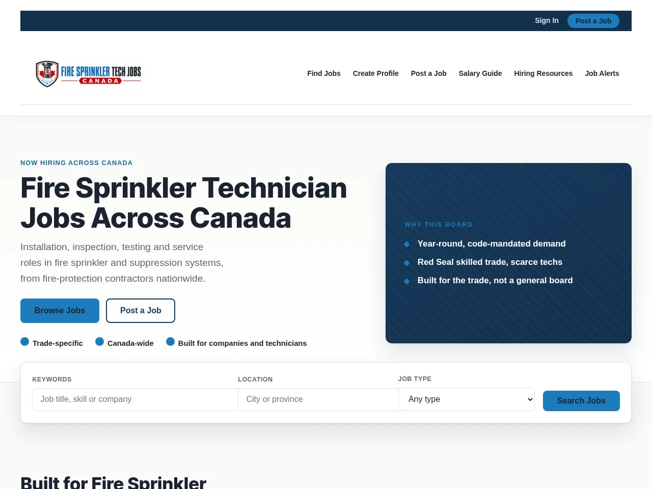 Fire Sprinkler Tech Jobs job board platform screenshot showing job search interface
