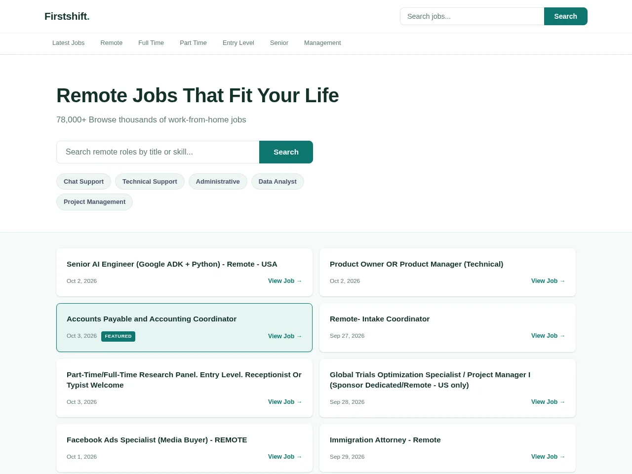 Firstshift job board platform screenshot showing job search interface