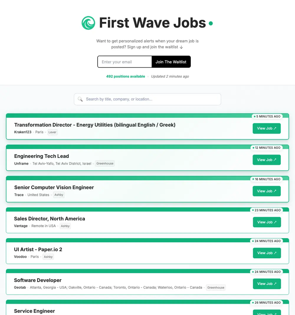 First Wave Jobs job board platform screenshot showing job search interface