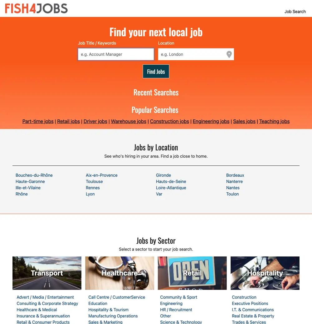 Fish4jobs job board platform screenshot showing job search interface
