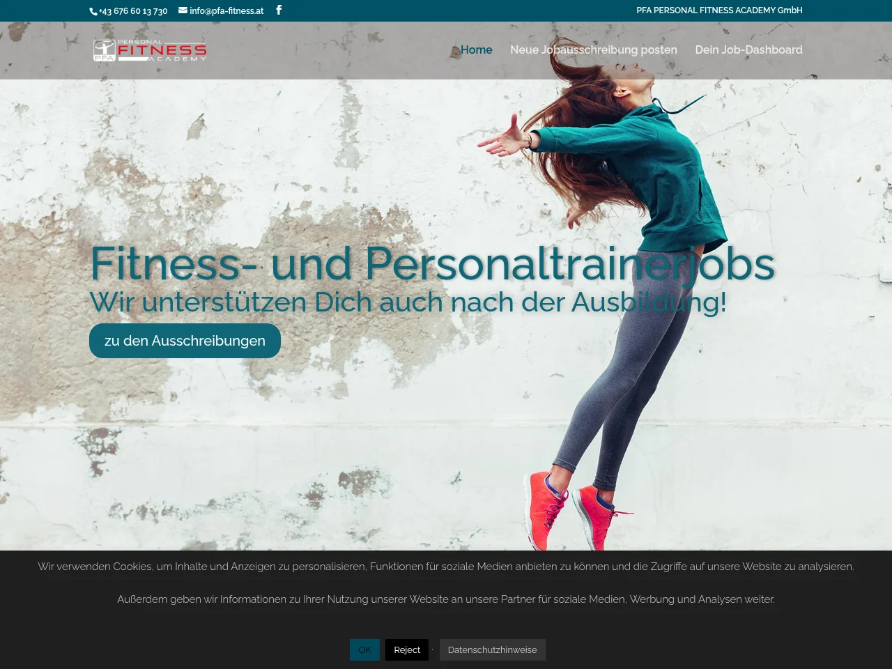 PFA-PERSONAL FITNESS ACADEMY - Jobbörse job board platform screenshot showing job search interface