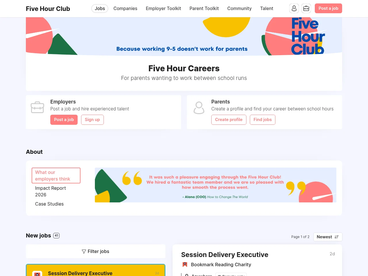 Five Hour Club screenshot Five Hour Club job board platform screenshot showing job search interface