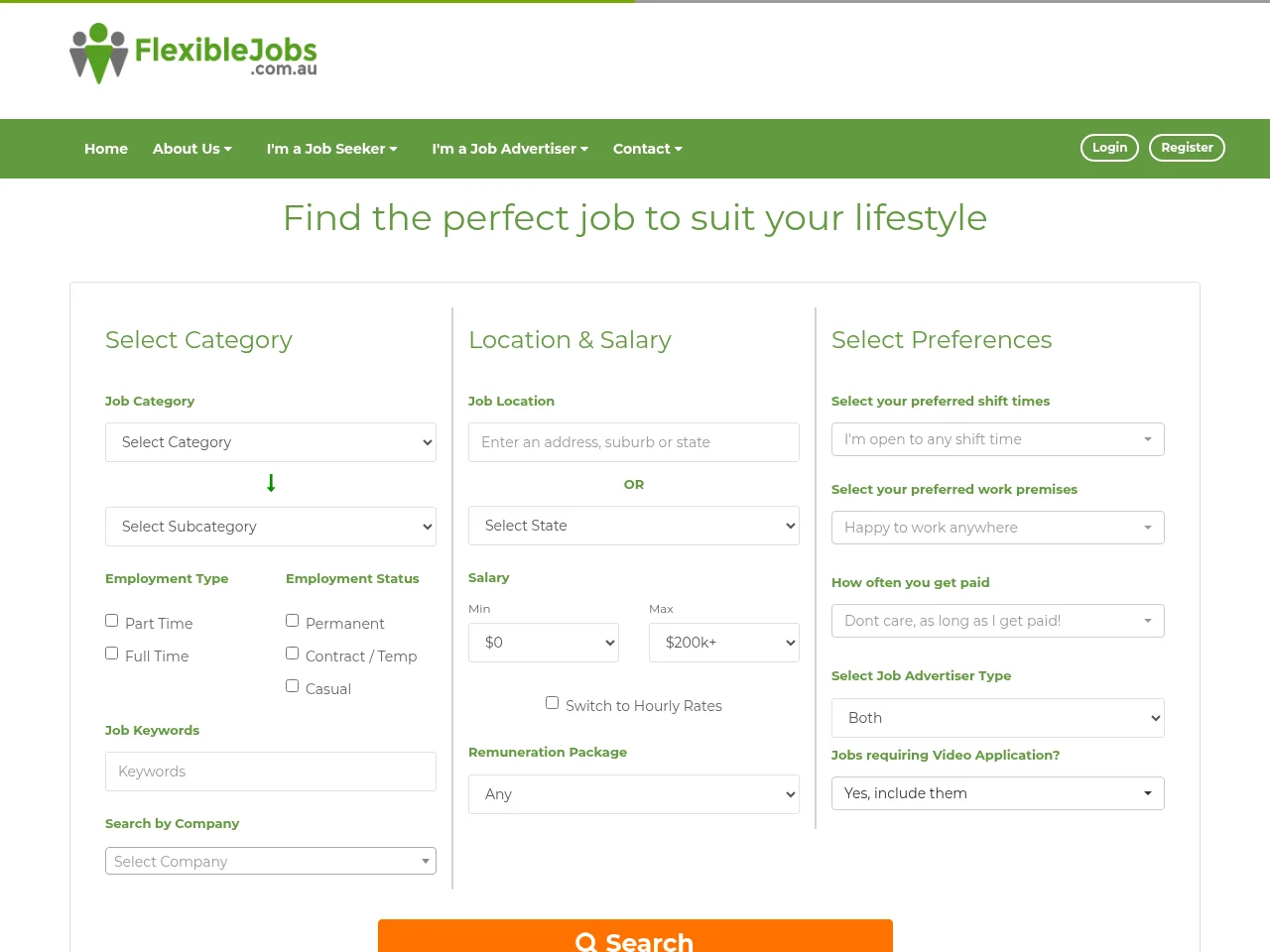 FlexibleJobs.com.au job board platform screenshot showing job search interface