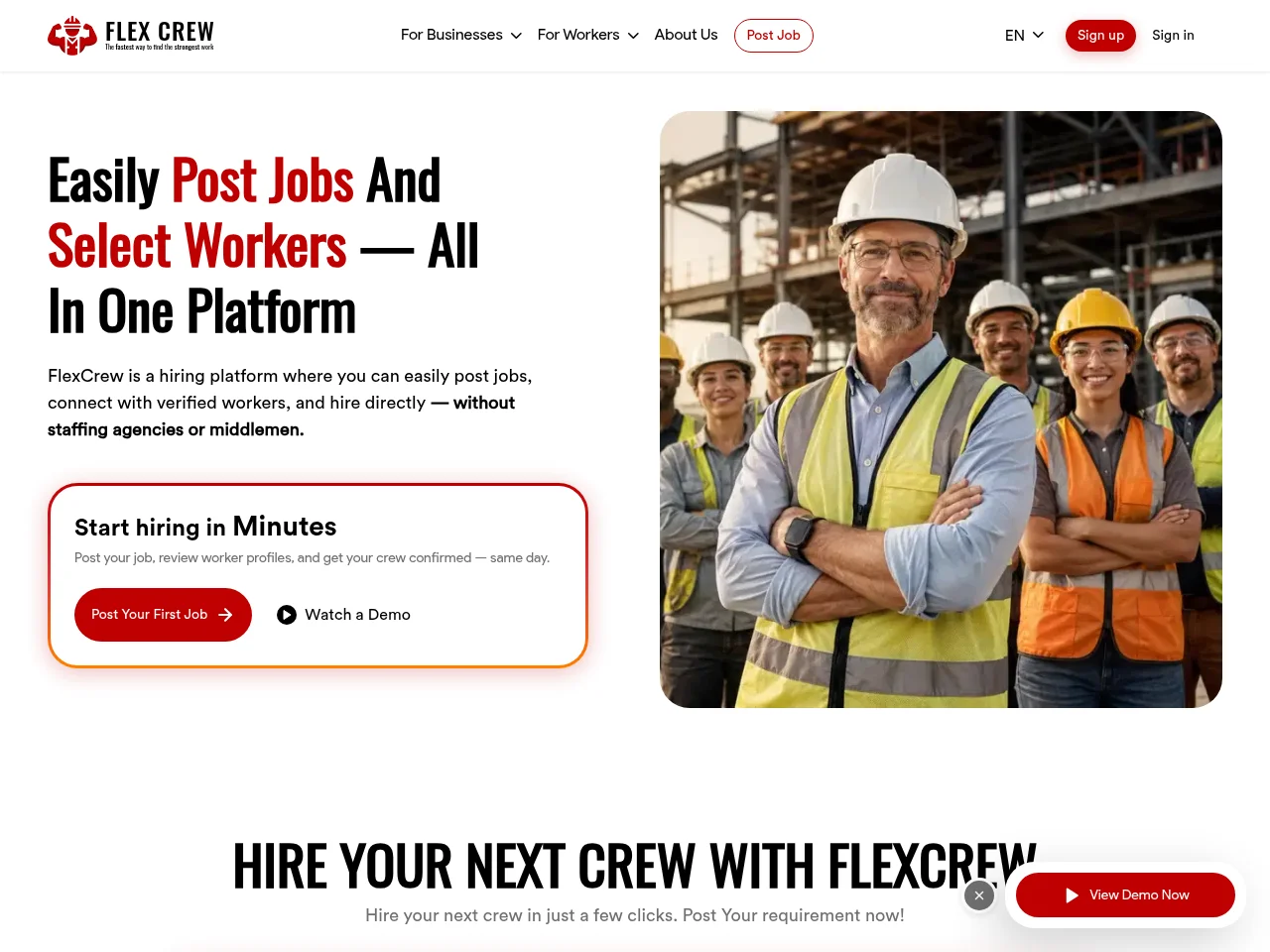FlexCrew USA job board platform screenshot showing job search interface