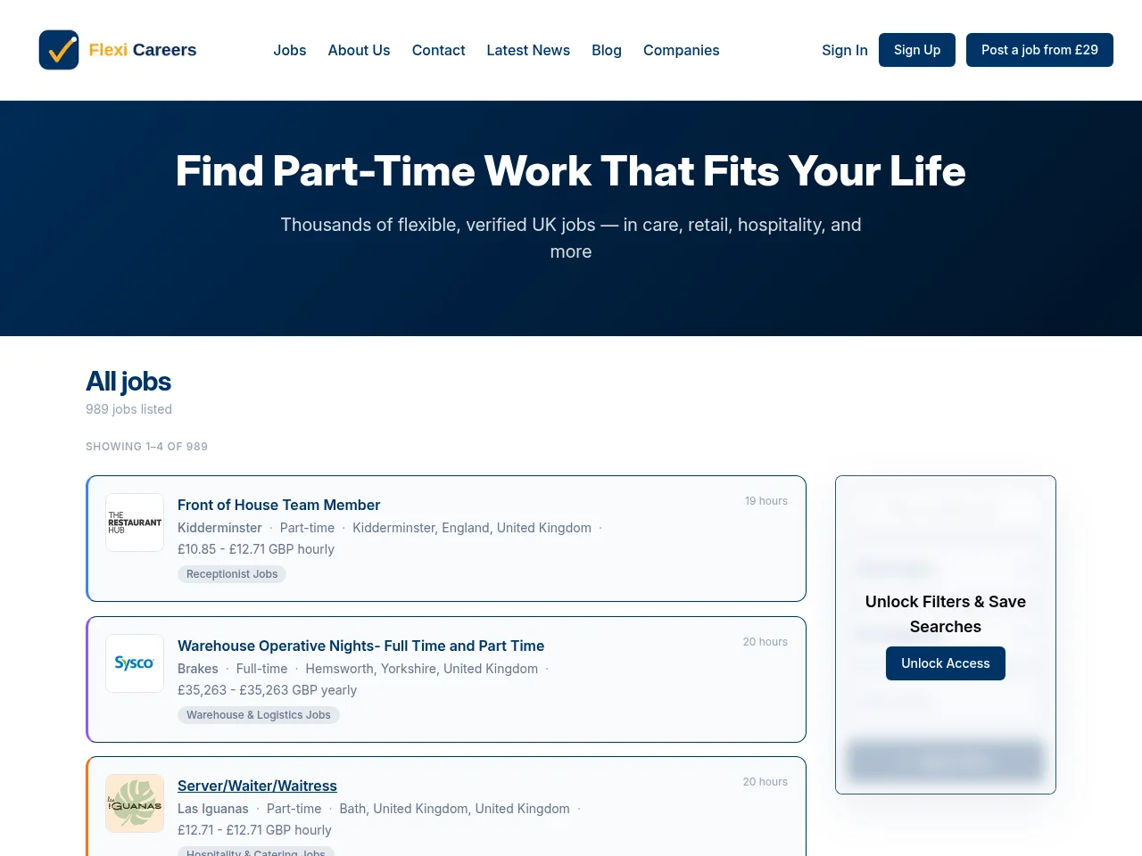 Flexi Careers job board platform screenshot showing job search interface