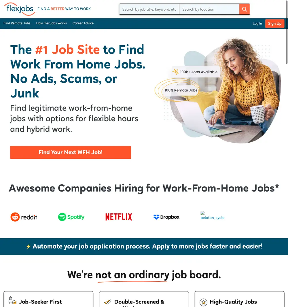 FlexJobs job board platform screenshot showing job search interface