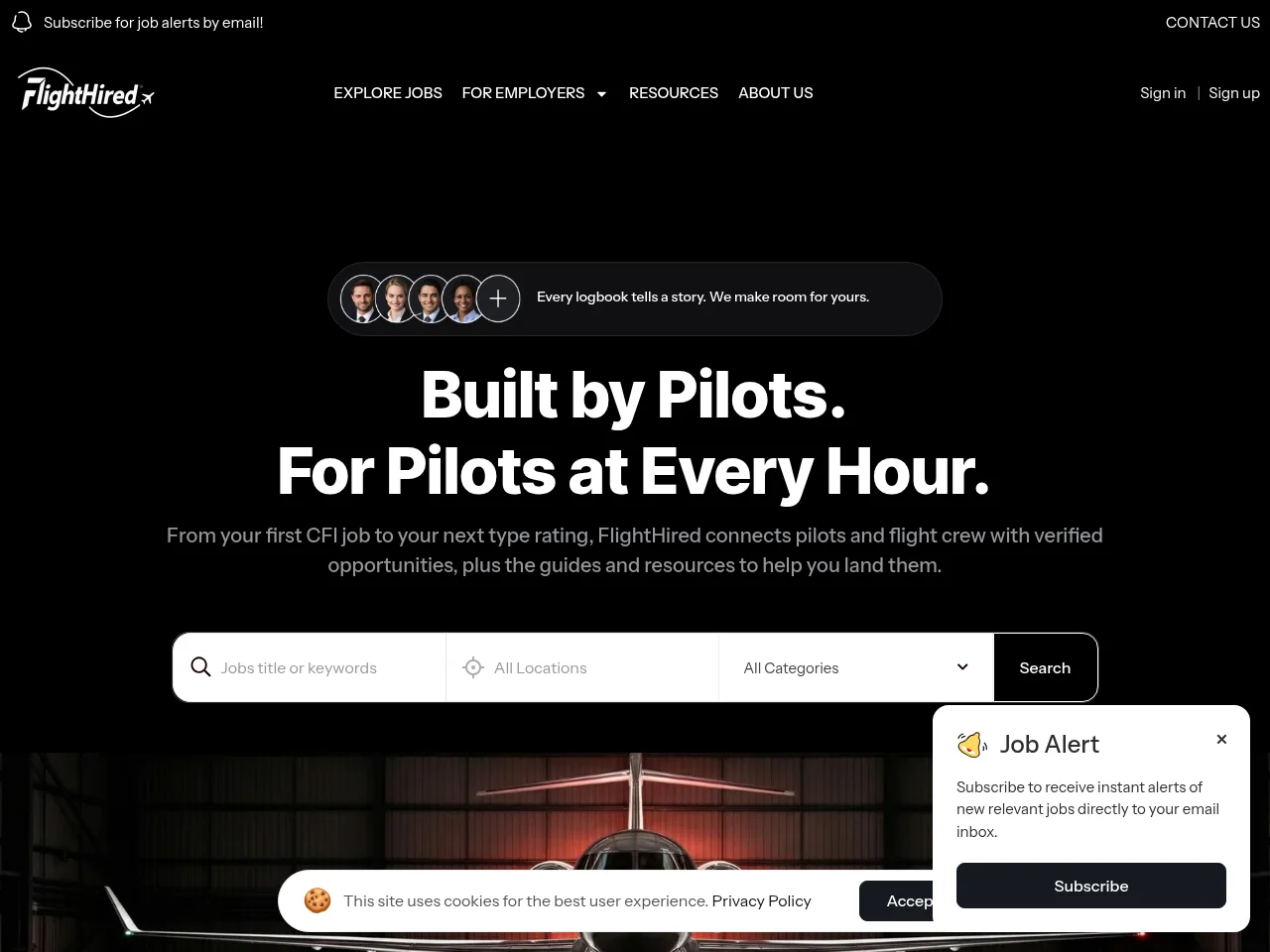 FlightHired job board platform screenshot showing job search interface