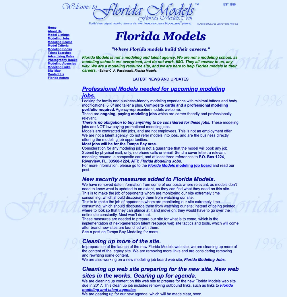 Florida Models job board platform screenshot showing job search interface