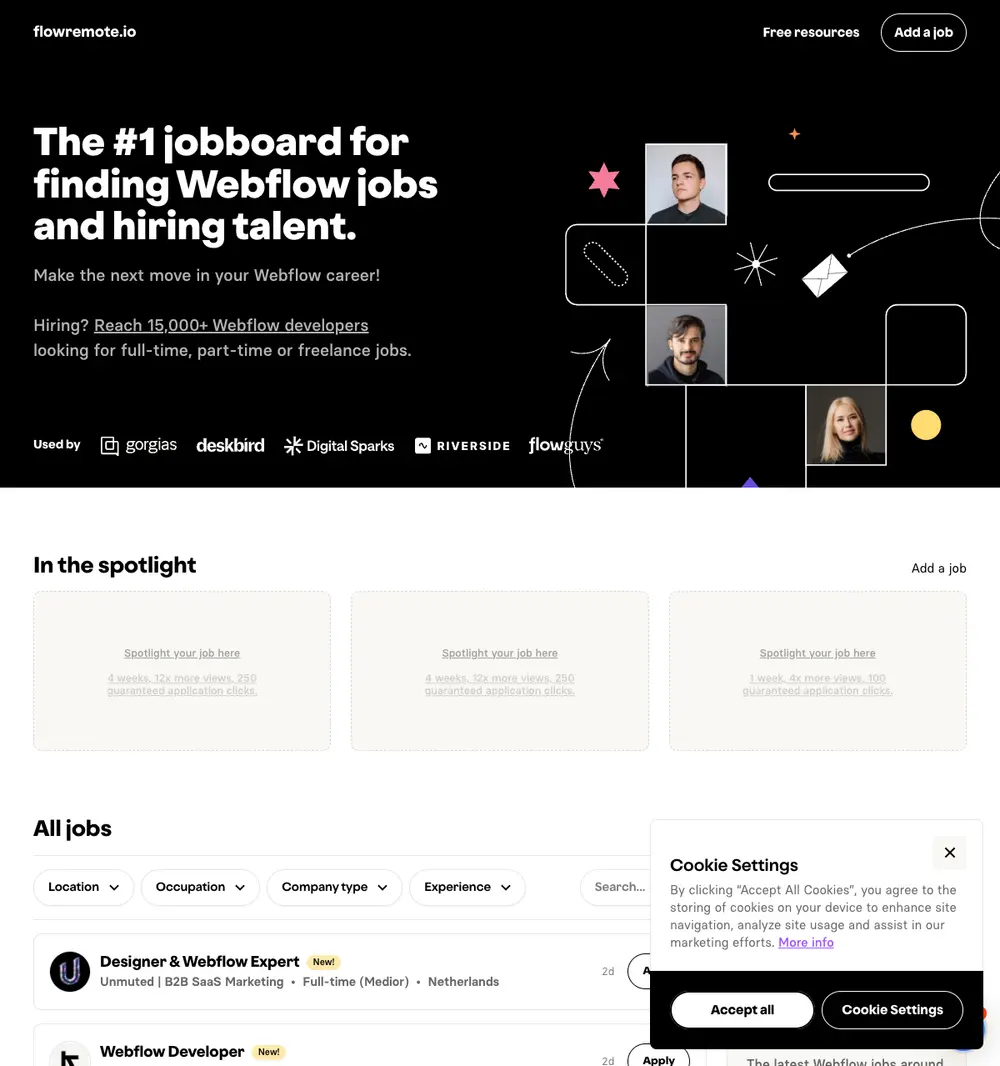 flowremote job board platform screenshot showing job search interface