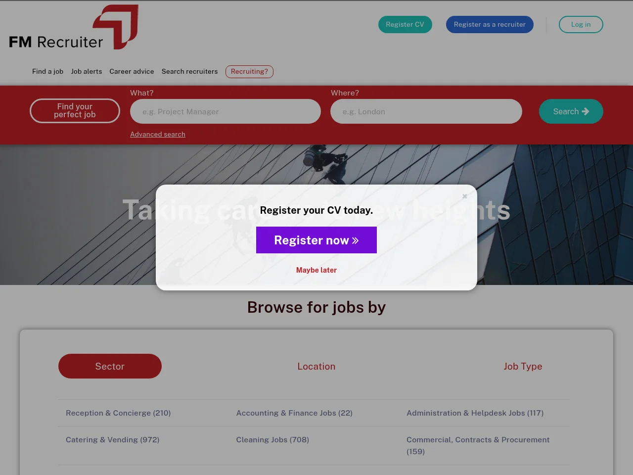 FM Recruiter job board platform screenshot showing job search interface