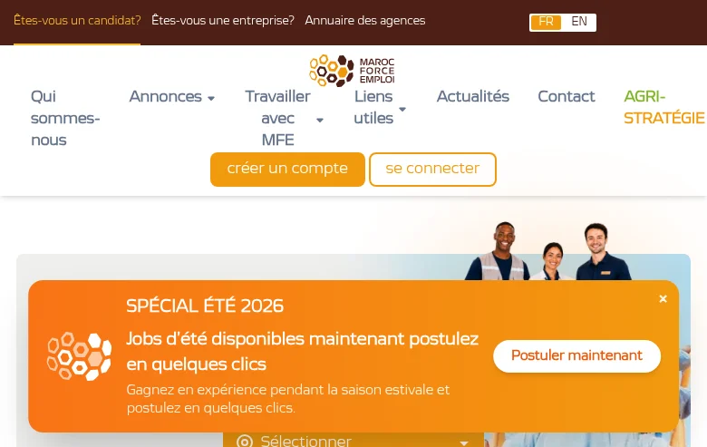 Maroc Force Emploi job board platform screenshot showing job search interface