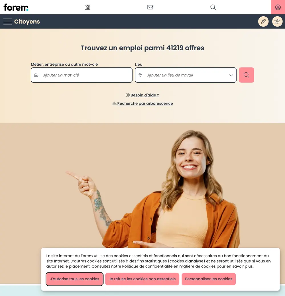 Le Forem job board platform screenshot showing job search interface