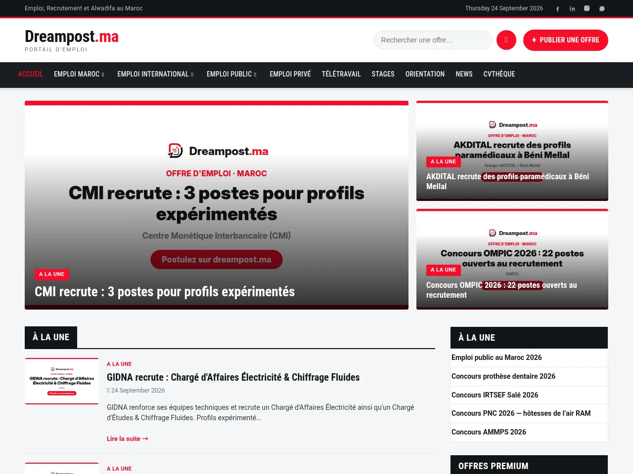 Dreampost.ma job board platform screenshot showing job search interface