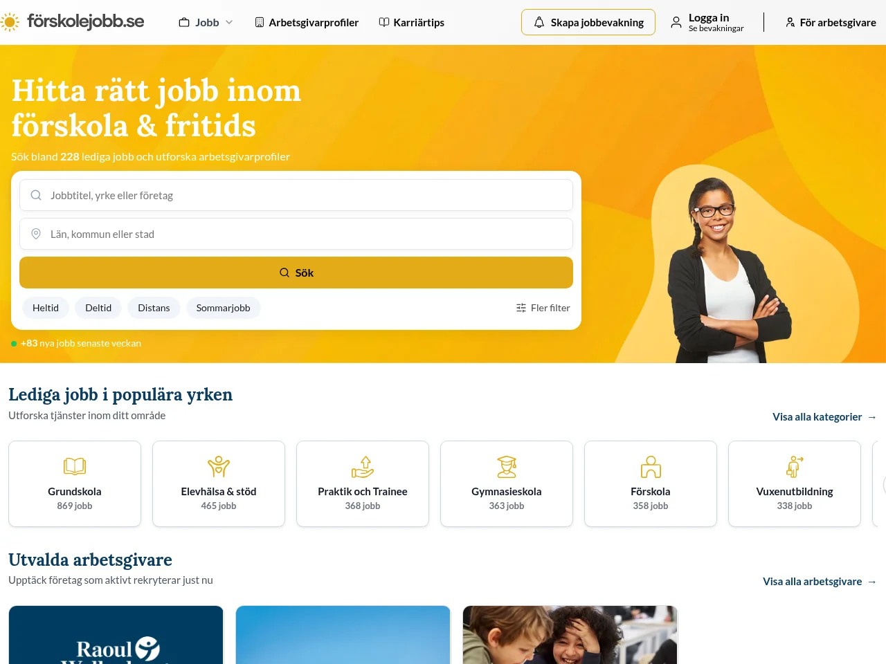 Förskolejobb job board platform screenshot showing job search interface