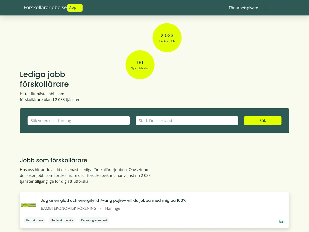 Forskollararjobb.se job board platform screenshot showing job search interface