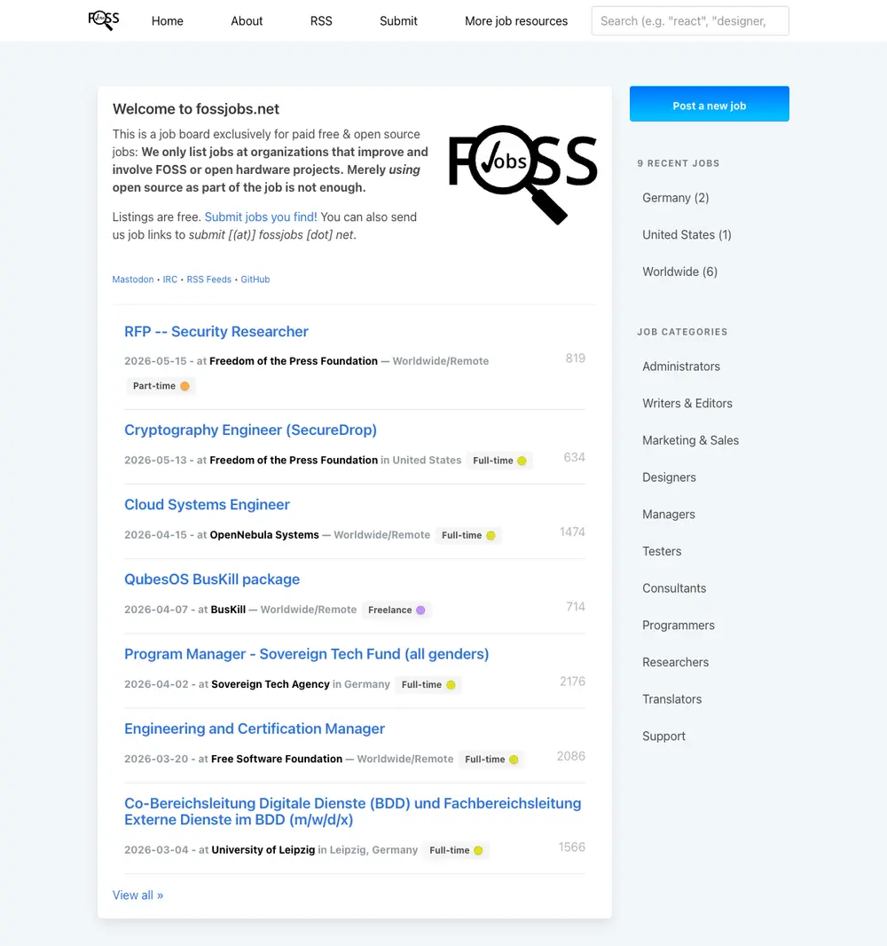 fossjobs.net job board platform screenshot showing job search interface