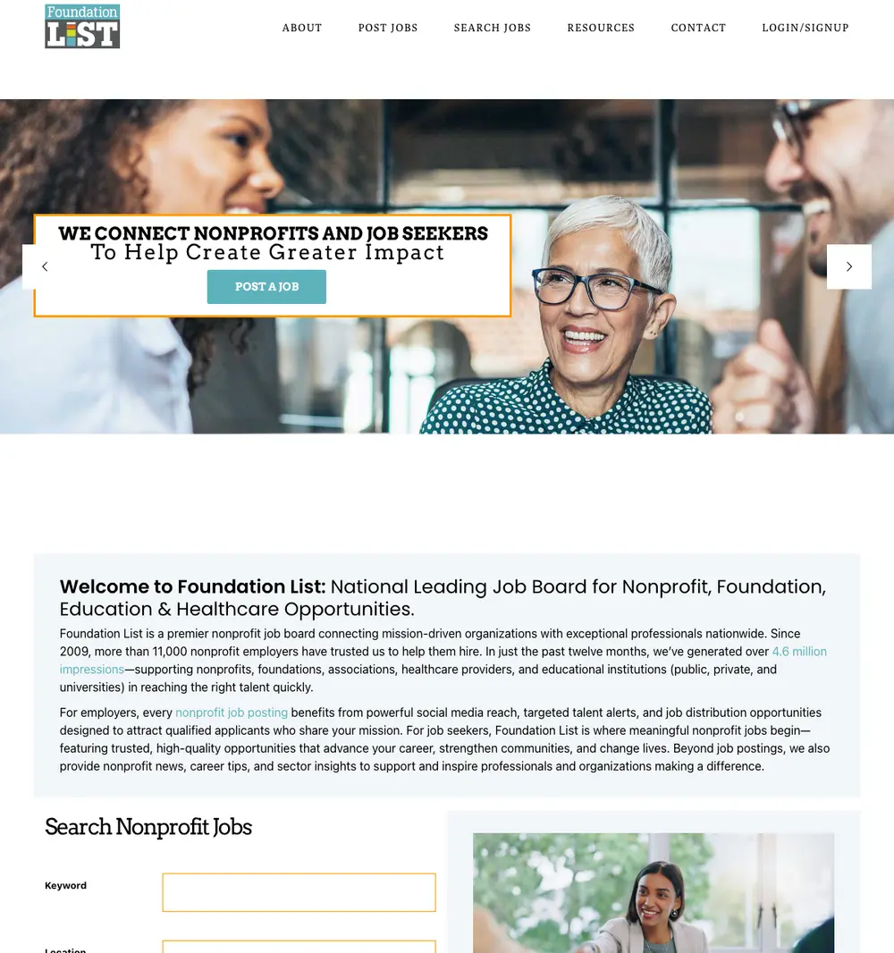Foundation List job board platform screenshot showing job search interface
