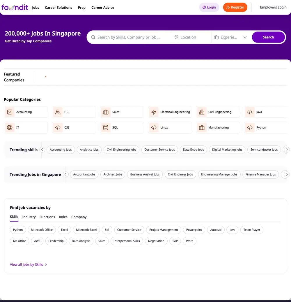 foundit Singapore job board platform screenshot showing job search interface