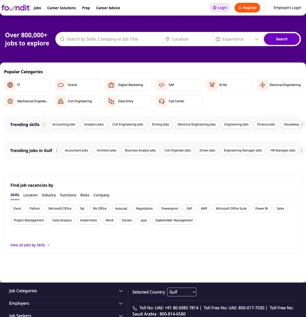foundit Gulf job board platform screenshot showing job search interface