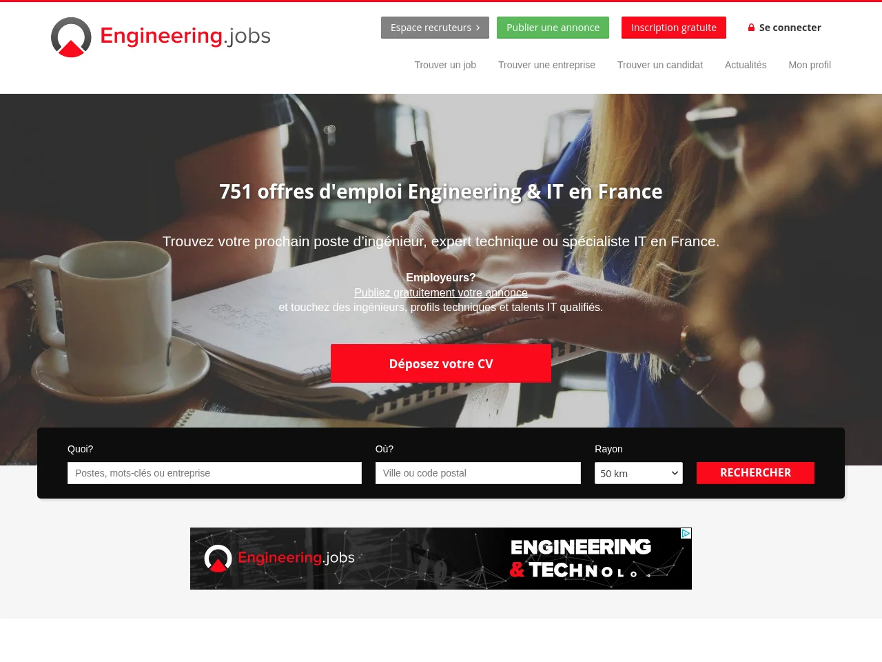 Engineering.jobs job board platform screenshot showing job search interface