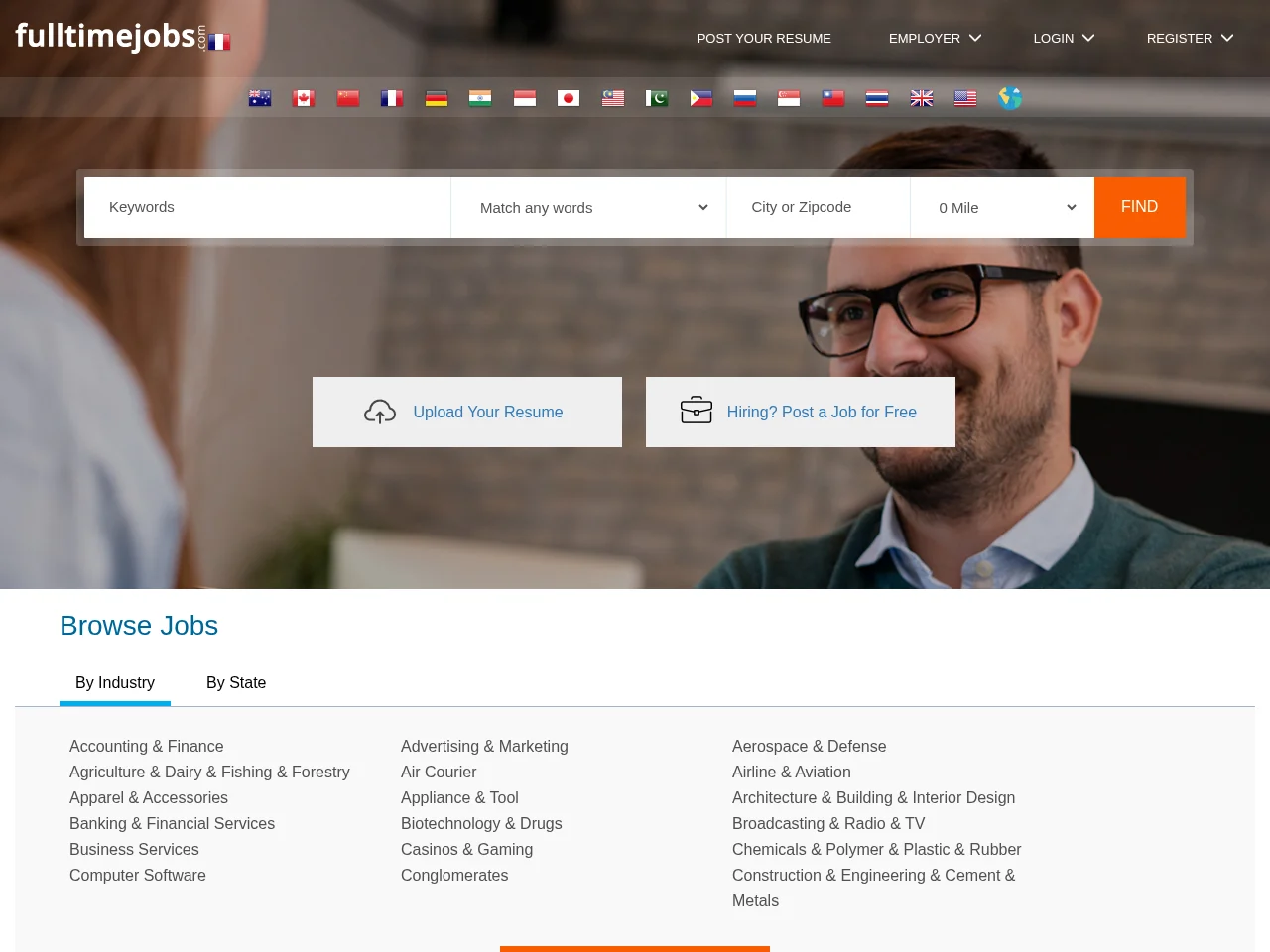 Full Time Jobs job board platform screenshot showing job search interface
