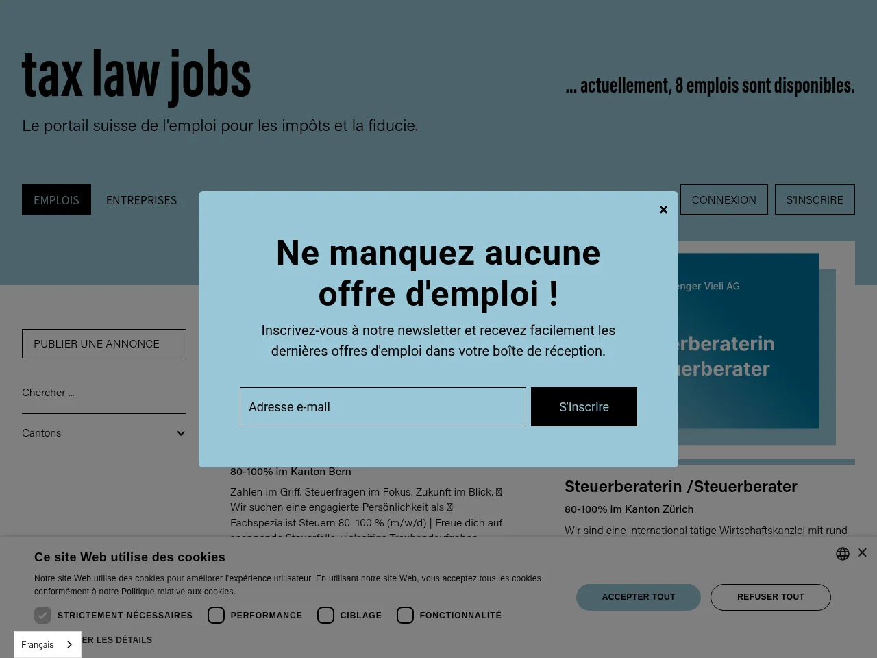 taxlawjobs.ch job board platform screenshot showing job search interface