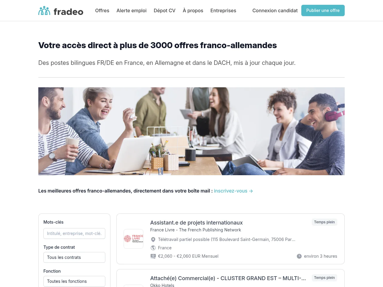 Fradeo job board platform screenshot showing job search interface