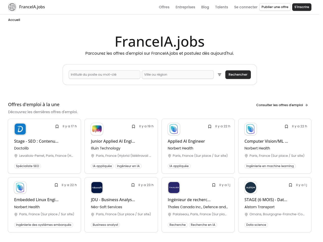 FranceIA.jobs screenshot FranceIA.jobs job board platform screenshot showing job search interface
