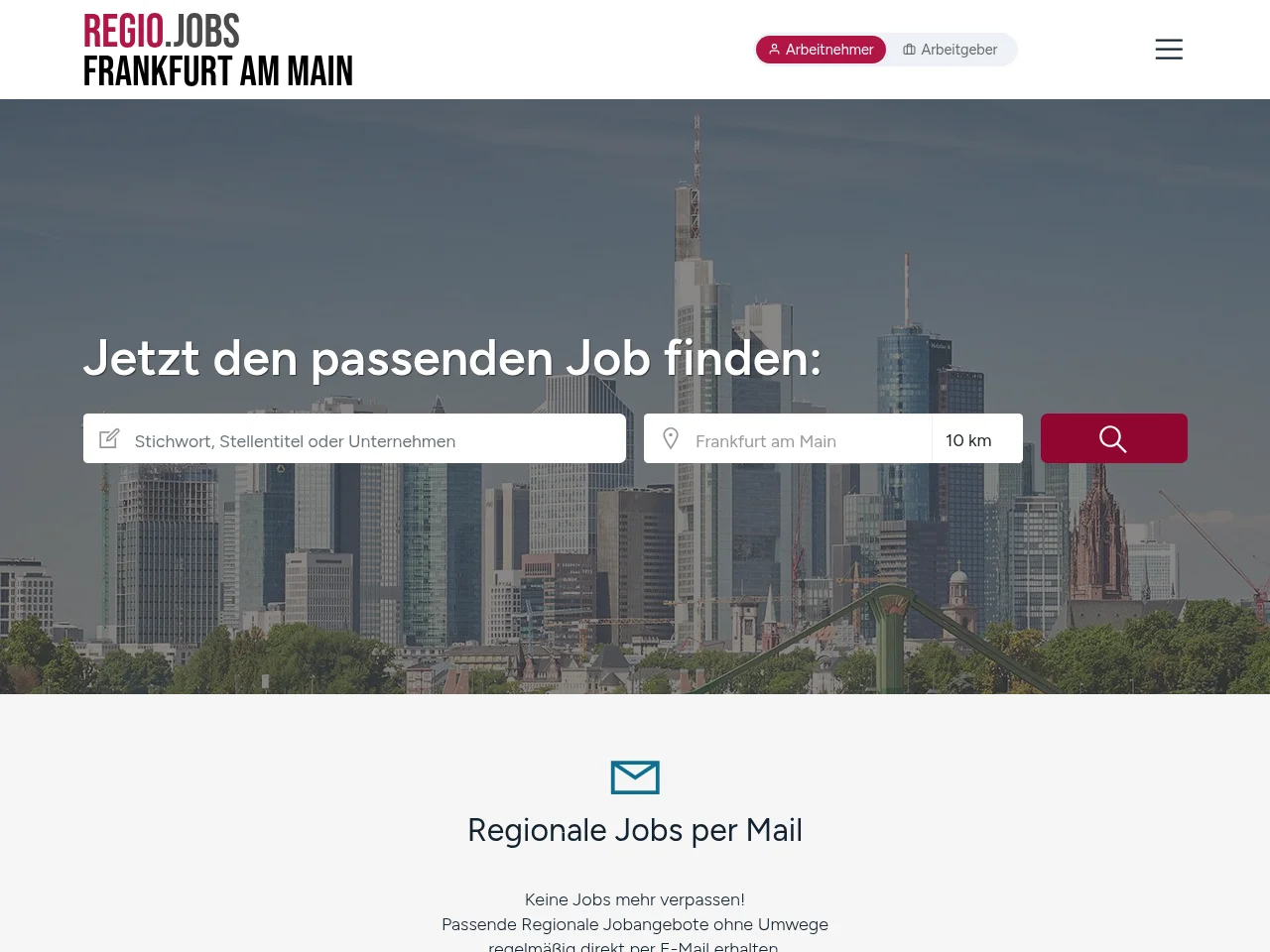REGIO.JOBS FRANKFURT job board platform screenshot showing job search interface