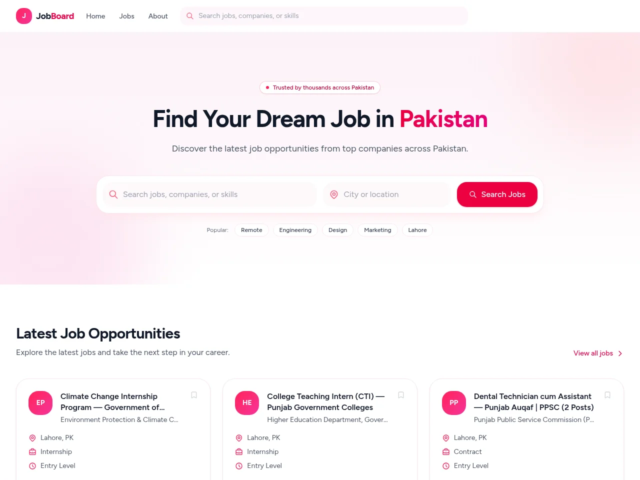 Fraud Hawk AI job board platform screenshot showing job search interface