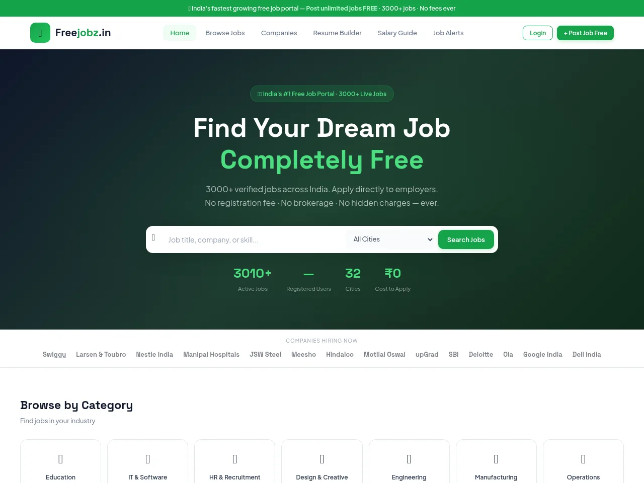 Freejobz.in job board platform screenshot showing job search interface