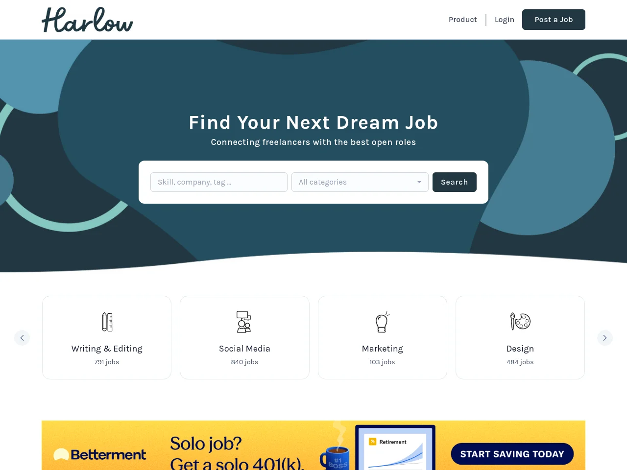 Harlow Freelance Job Board job board platform screenshot showing job search interface