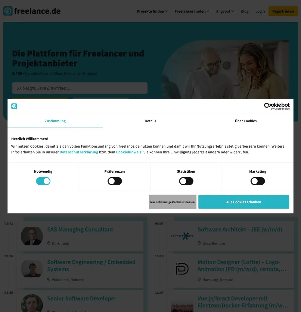 freelance.de job board platform screenshot showing job search interface