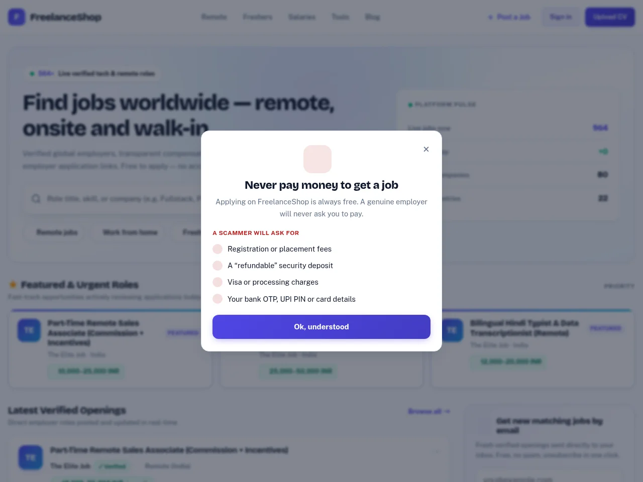 FreelanceShop job board platform screenshot showing job search interface