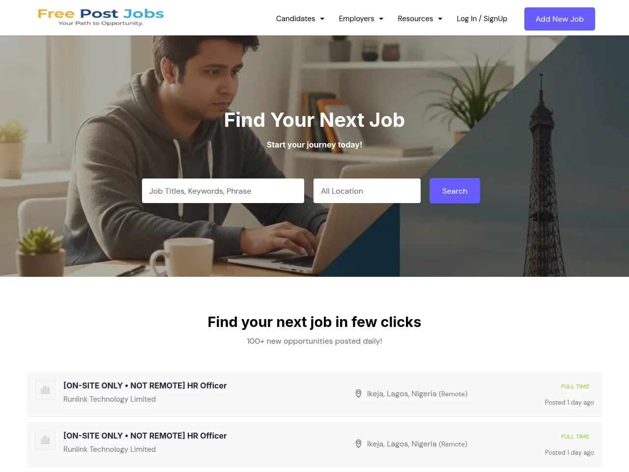 FreePost Jobs job board platform screenshot showing job search interface