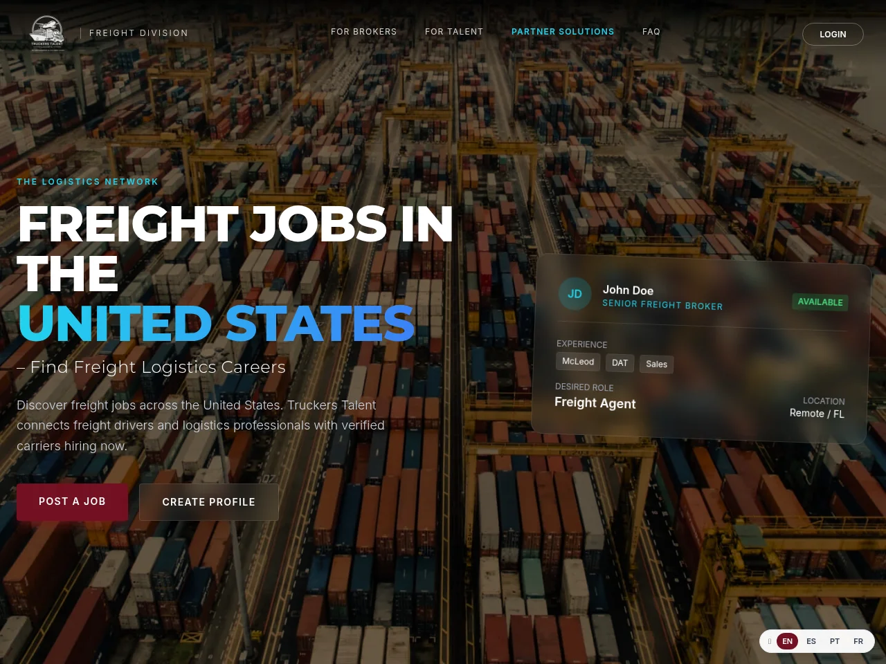 Truckers Talent job board platform screenshot showing job search interface