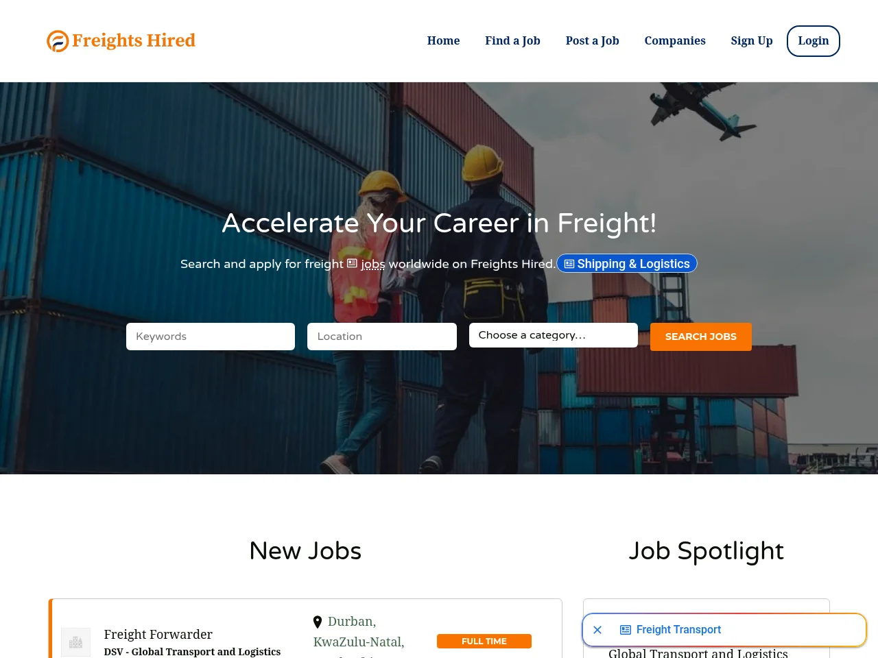 Freights Hired job board platform screenshot showing job search interface