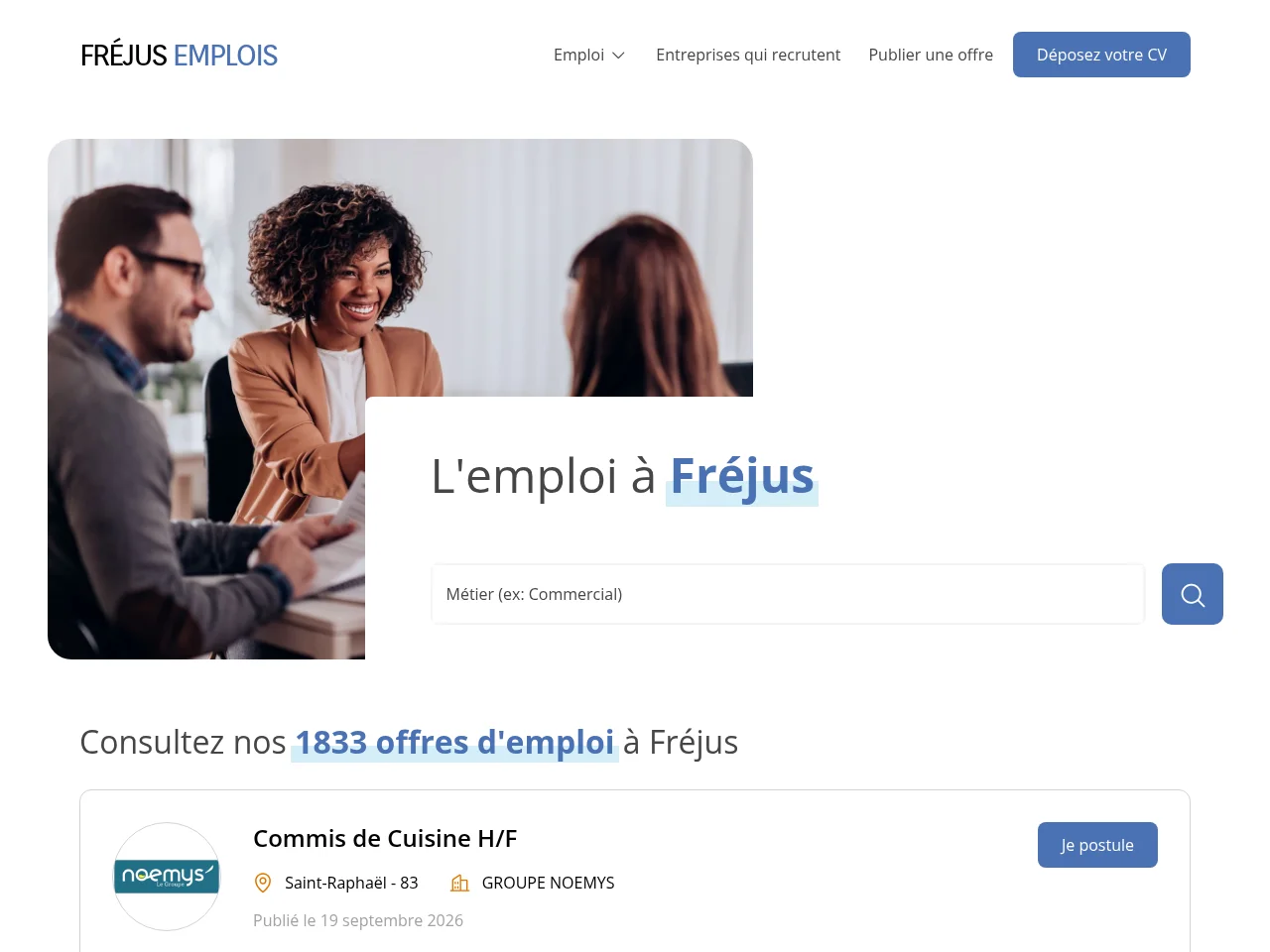 Fréjus Emplois job board platform screenshot showing job search interface