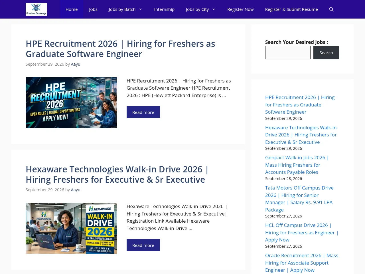 Fresher Openings screenshot Fresher Openings job board platform screenshot showing job search interface