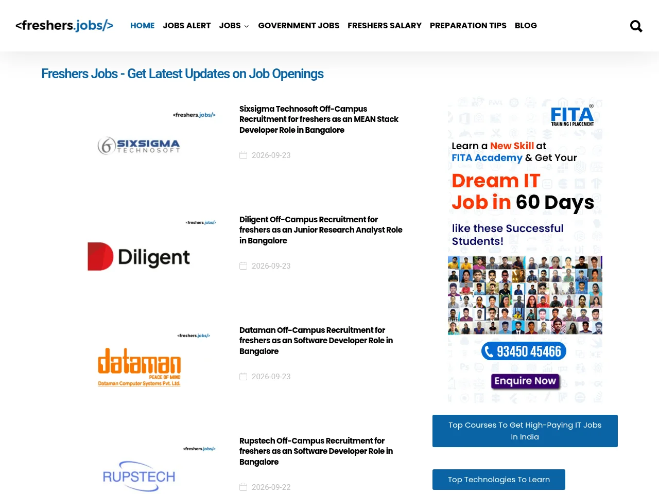Freshers Jobs job board platform screenshot showing job search interface