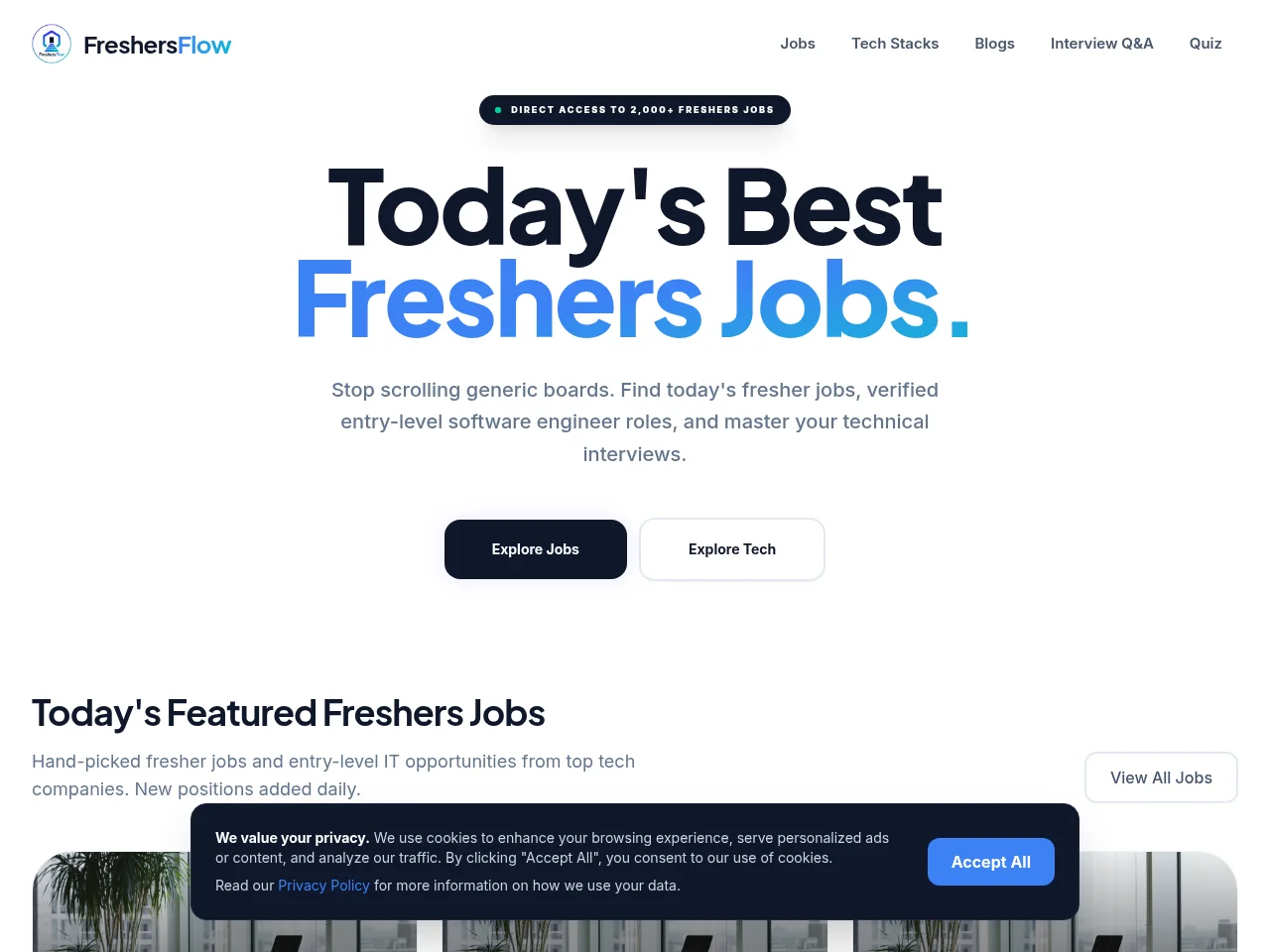 FreshersFlow screenshot FreshersFlow job board platform screenshot showing job search interface
