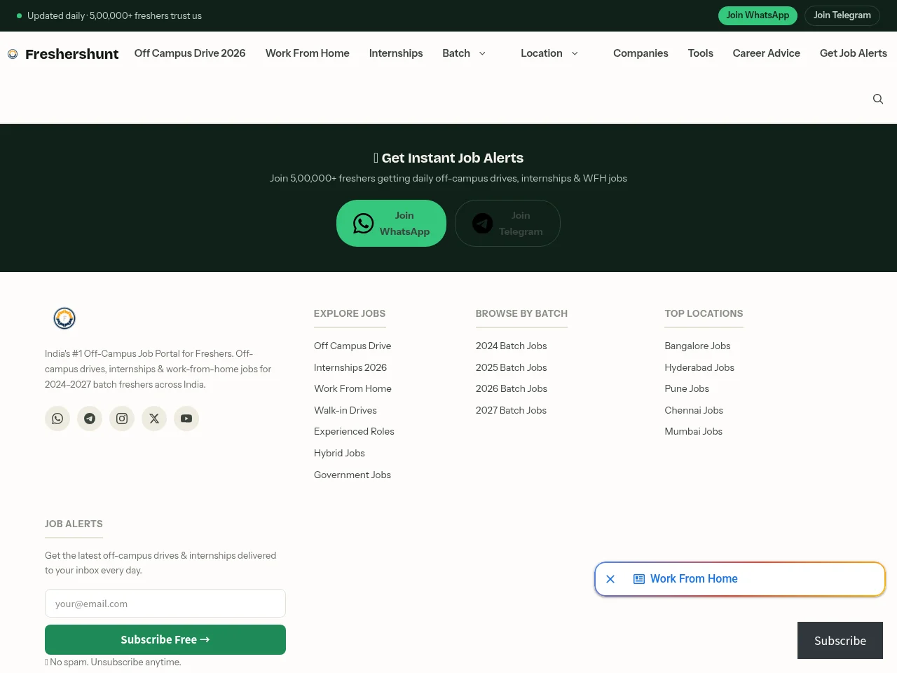 Freshershunt job board platform screenshot showing job search interface