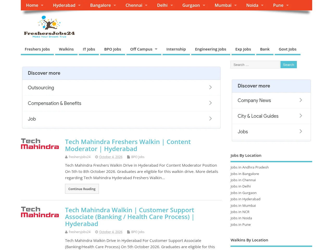 Freshers Jobs 24 job board platform screenshot showing job search interface